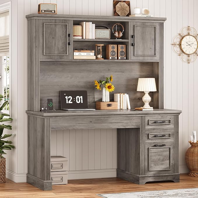 SEDETA Office Desk with 3 Drawers, 47.2" Executive Computer Desk with Storage Drawers and Hutch Cabinet, Wood Farmhouse Desk with Power Outlet for Home Office, Grey