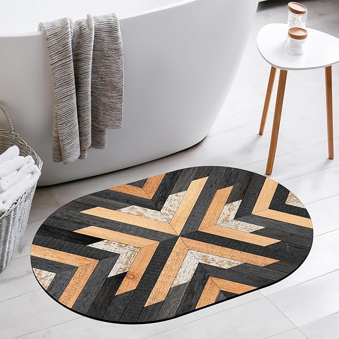 Bathroom Rug Mat Black and Yellow Old Wooden Planks Oval Bath Mat Doormat Absorbent Quick Dry Non Slip Diatom Mud Mat for Shower Tub Sink Laundry Kitchen Doorway 23.6x15.7 Inches
