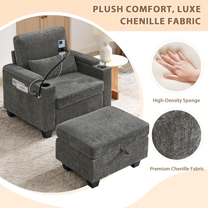 Oversized Chaise Lounge Chair Indoor, Single Convertible Recliner Reading Arm Sofa Chair W/Adjustable Backrest & Charging Port Couch Bed for Living Room, Home Theater & Bedroom, Grey