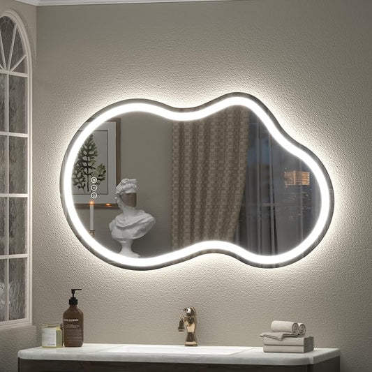 24x36 Inch Asymmetrical LED Bathroom Mirror, Irregular Cloud LED Lighted Vanity Mirror with Lights for Wall, Anti-Fog, Dimmable, 3 Colors, Memory (Horizontal/Vertical)