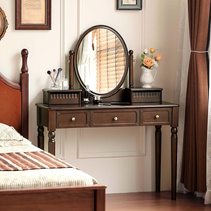 Solid Wood Vanity Desk with Mirror, Walnut Vintage Dressing Table for Bedroom, Antique Catalpa Makeup Table, 43" W x 18" D x 56" H
