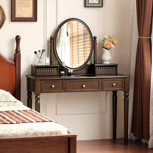 Solid Wood Vanity Desk with Mirror, Walnut Vintage Dressing Table for Bedroom, Antique Catalpa Makeup Table, 43" W x 18" D x 56" H