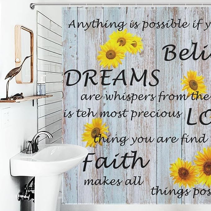 Farmhouse Sunflower Inspirational Quotes Shower Curtain Flower Wooden Background Waterproof Shower Curtains for Bathroom Decor 12 Pack Hooks 72x72in (183x183cm)