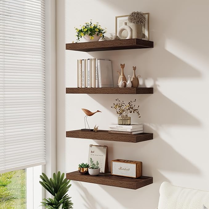 Fun Memories 72 Inch Floating Shelves for Wall 8 Inch Deep Walnut Shelves Set of 2, Wall Mounted Rustic Wood Long Floating Shelf, Large Display & Storage Shelf with Invisible Brackets