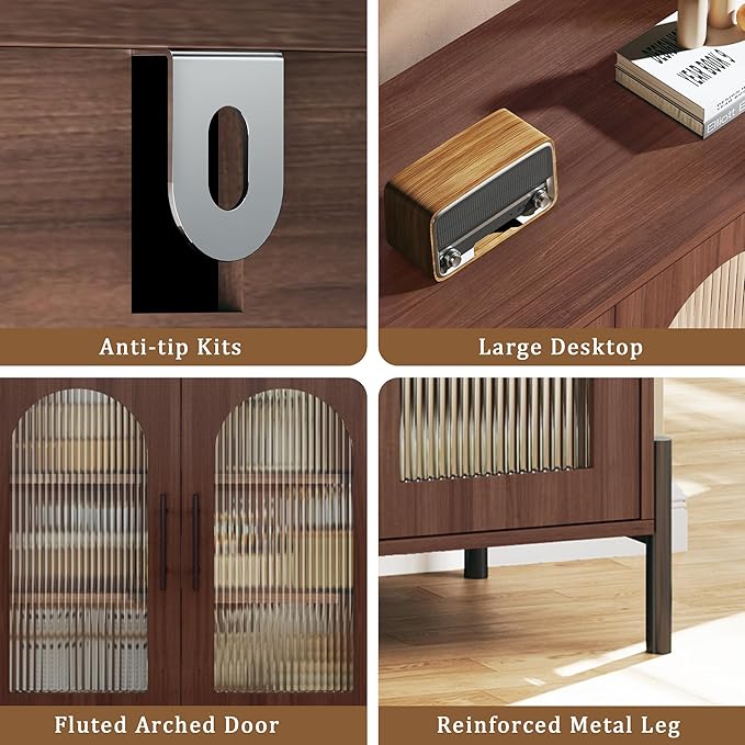 HUAHUU 55" Buffet Cabinet with Storage, Large Sideboard Buffet Cabinet with 4 Doors & 2 Adjustable Shelves, Modern Sideboard Storage Cabinets for Kitchen Living Room Entryway, Walnut