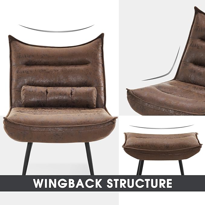 MCombo Wingback Accent Chair with Ottoman, Modern Bronzing Fabric Upholstered Club Chair for Small Space, Living Room 4400 (Dark Brown)