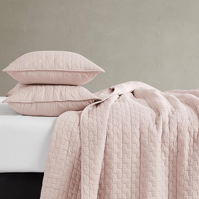 palassio Pink 100% Cotton Quilt Twin Size Bedding Sets with 1 Pillow Sham, Textured Lightweight Soft Bedspread Shabby Chic Coverlet, Quilted Comforter Bed Cover for All Season, 2 Pieces