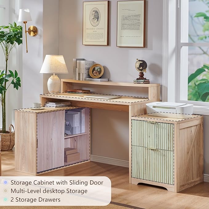 JXQTLINGMU 67" Modern L Shaped Desk with Storage Cabinet & Drawers, Wood Home Office Desk with Power Outlets, Fluted Computer Writing Desk, Oak