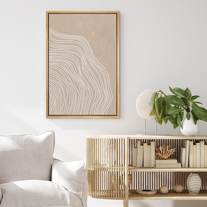 MUDECOR Framed Canvas Print Wall Art White Tan Spiral Wave Wood Ring Landscape Shapes Abstract Illustrations Modern Art Minimal Group Relax/Calm Cool for Living Room, Bedroom, Office - 16"x24" NATURAL
