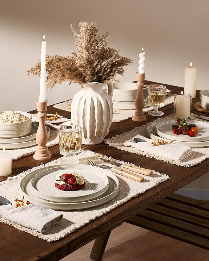 Plates and Bowls Sets for 6 (18-Piece) Stoneware Reactive Glaze Dinnerware with Speckles & Spirals, Chip and Scratch Resistant Straight Dishes Set with Gift Box, Microwave Dishwasher Safe, Shell Beige