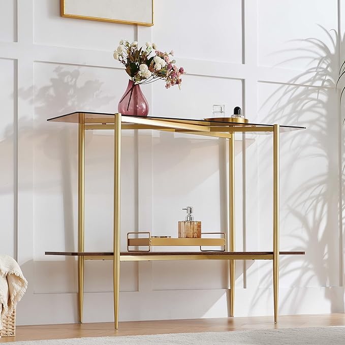 Rectangle Glass Console Table, Mid-Century Modern Design, L41*W14*H32 inch, for Living Room, Amber Glass Top and Walnut Finish Wood Shelf, Conical Metal Legs with Gold Finish
