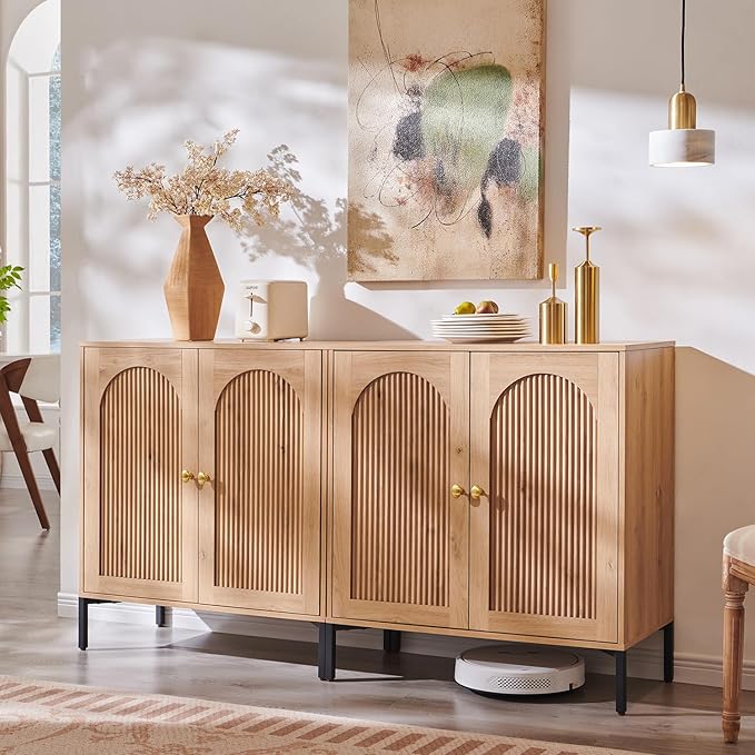 Modern Buffet Cabinet with Storage, 61.75" W Fluted Arched Sideboard Cabinet w/Adjustable Shelves, Wooden Modular Coffee Bar for Dining Room, Kitchen, Living Room, Entryway, Natural