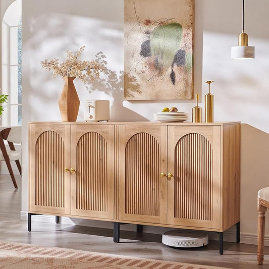 Modern Buffet Cabinet with Storage, 61.75" W Fluted Arched Sideboard Cabinet w/Adjustable Shelves, Wooden Modular Coffee Bar for Dining Room, Kitchen, Living Room, Entryway, Natural