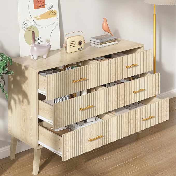 Accent 6 Drawer Dresser, Modern Closet Dressers Chest of Drawers with Fluted Panel, Living Room Bedroom Nursery Entryway and Hallway (Oak)