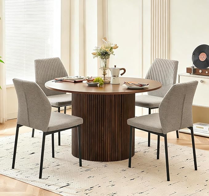 Dining Table Set for 4, 47" Wooden Round Kitchen Table with Linen Fabric Chairs for Kitchen Room and Small Spaces(Walnut Table + 4 Light Brown Chairs)