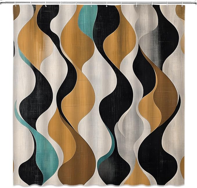 Mid Century Shower Curtain Boho Minimalist Modern Abstract Aesthetic Geometric Striped Atomic Retro Earthy Fabric Bathroom Decor Set with Hooks(74.8" Wx70 H)