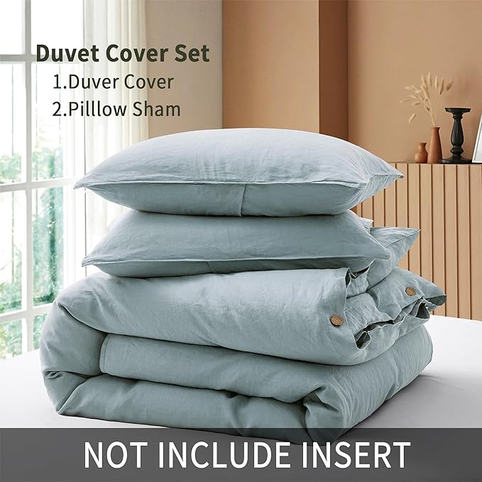 ATLINIA 100% Flax Linen Duvet Cover Set - Stone Washed Pure French Linen Organic Fabric for Farmhouse Comforter Boho Bedding Included 1 Duvet Cover 2 Pillow Shams(Dusty Blue, King)