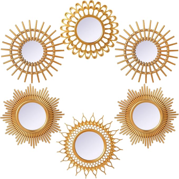 Namalu 6 Pcs Sunburst Mirror for Wall Decor, Small Circle Sun Decorative Mirror Hanging for Art Entryway Home Decor Bathroom Bedroom Living Room(Classic,Gold)