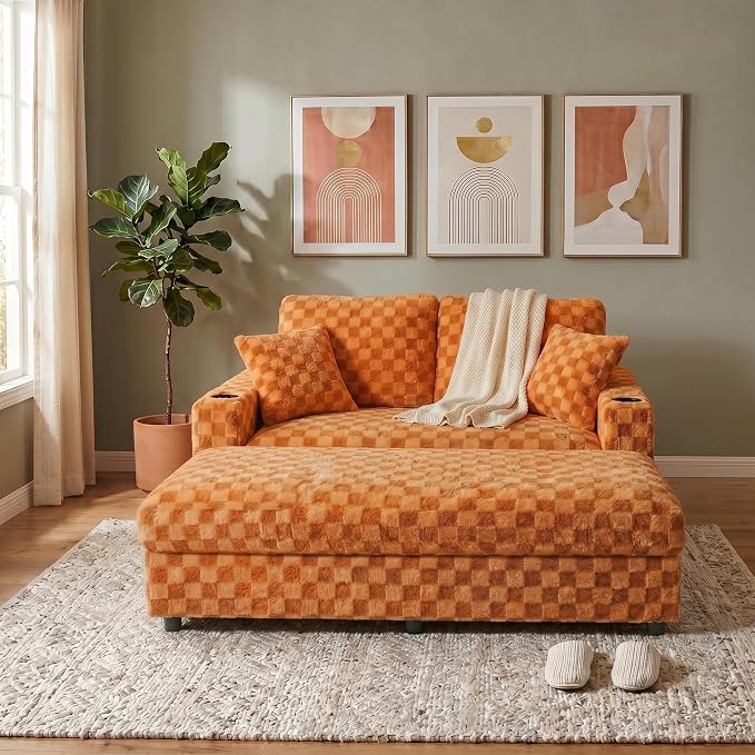 Eafurn Modern Oversized Chaise Lounge Chair with Integrated Ottoman, Corduroy Upholstered Deep Seat Sleeper Armchair with Power Charging Ports and Cup Holders, Cozy Accent Furniture for Living Room