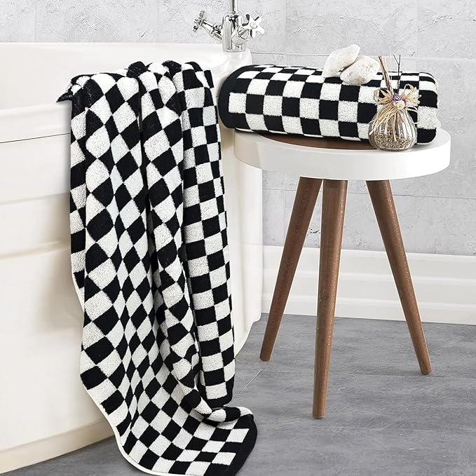 Jacquotha Black and White Checkered Cotton Bath Towels Set of 2 - Cute Aesthetic Towels for Bathroom Decor, Pool, Beach, Spa, 27.5" x 55"