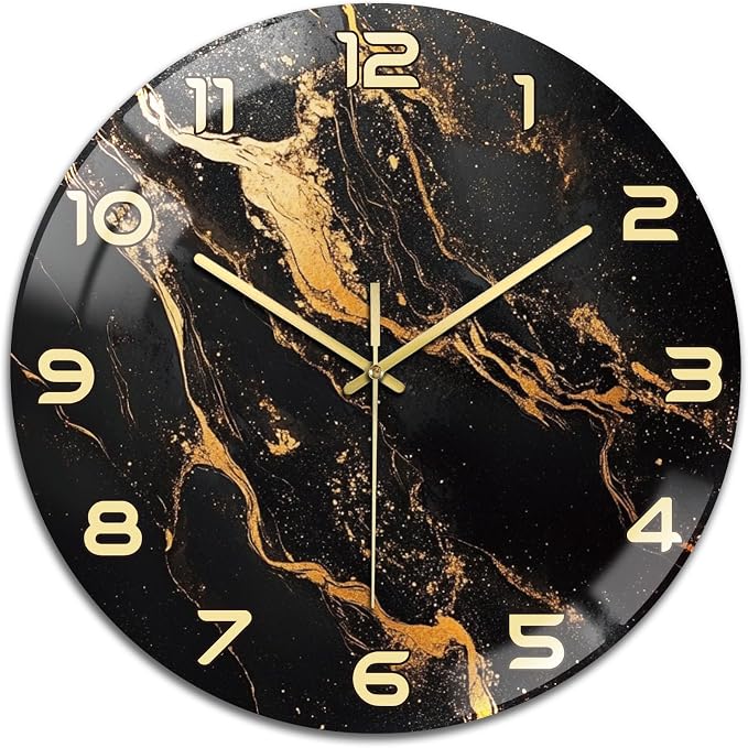 peacoblue Wall Clocks Battery Operated 12 Inch Marble Pattern Glass Round Wall Clock Non Ticking for Kitchen Living Room Dining Room Bedroom and Bathroom Decor Accessories (Battery not Included)