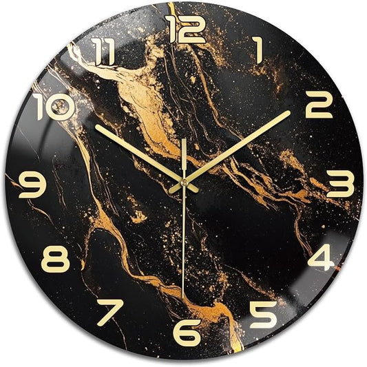 peacoblue Wall Clocks Battery Operated 12 Inch Marble Pattern Glass Round Wall Clock Non Ticking for Kitchen Living Room Dining Room Bedroom and Bathroom Decor Accessories (Battery not Included)