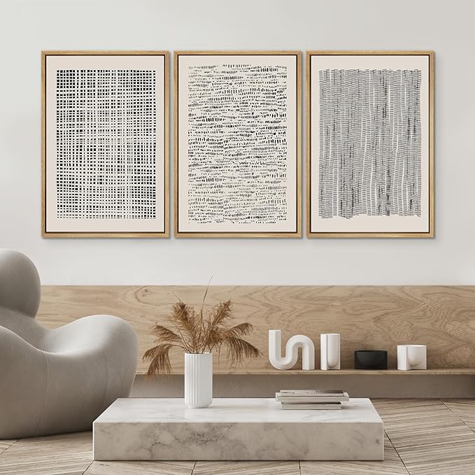 SIGNWIN Framed Canvas Print Wall Art Set Geometric Dark Black Grid Wave Pattern Abstract Shapes Cozy Neutral Modern Art Decorative Contemporary for Living Room, Bedroom, Office - 16"x24"x3 Natural