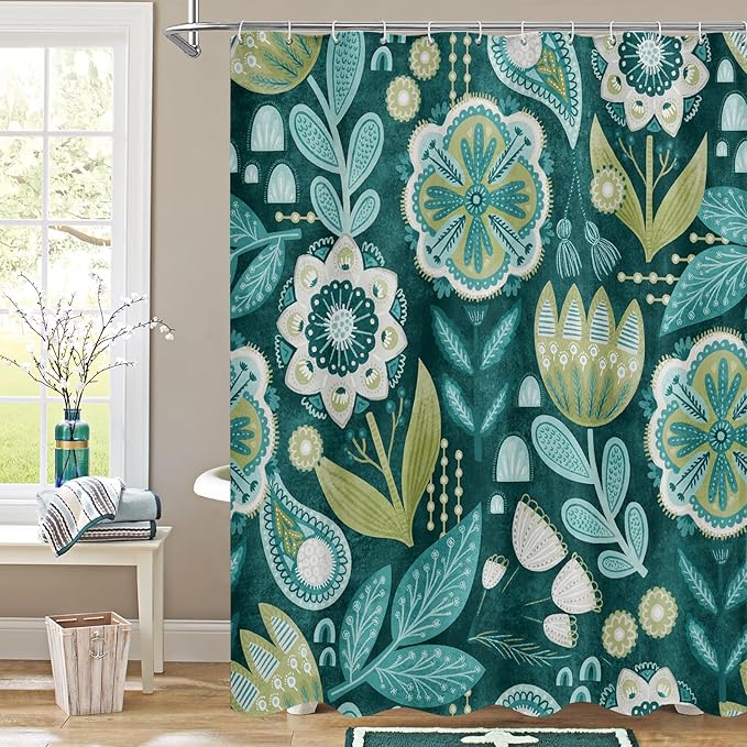 MitoVilla Boho Floral Teal Shower Curtain, Spring Flower Shower Curtains for Chic Elegant Bathroom Decor, Vintage Fabric Cloth Shower Curtain, Summer Colorful Abstract Leaves, 72x72