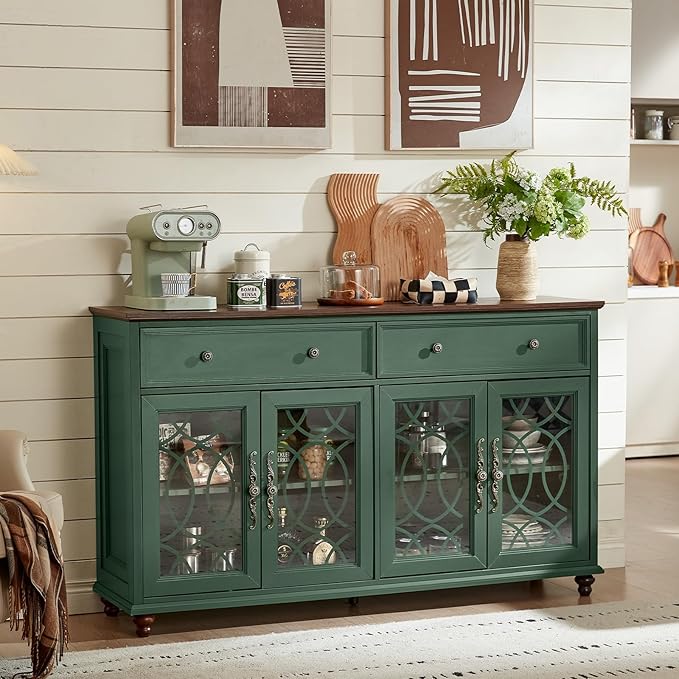 Large Sideboard Buffet Cabinet with Storage,59" Credenza with 4 Glass Doors & 2 Drawers,Adjustable Shelves Coffee Bar,Wood Kitchen Console Table for Dining Room,Living Room,Green