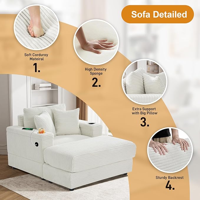 Oversized Chaise Lounge Chair Indoor with USB, Cup Holder & Ottoman, Firm Solid Wood Frame with Long Service Life Corduroy Oversized Lounge Reading Chair for Study Room - Beige White