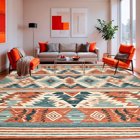 Flatwoven High Traffic Area Rug 8x10, Dynamic Tribal Inspired Design with Bold Shapes and Color Contrast, Non Slip, Stain Resistant, Washable Area Rugs for Living Room, Bedroom (Red, 8x10)