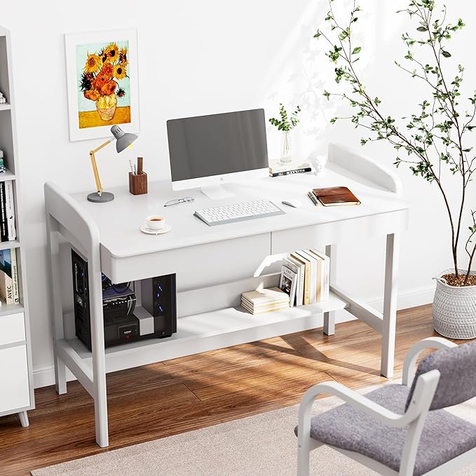 100% Solid Wood Desk with Drawers - 40 Inch Simple Modern Desks, Writing Desk with Drawers & Shelf, Work Study Table, Adjustable Height Home Office Computer Desks - White
