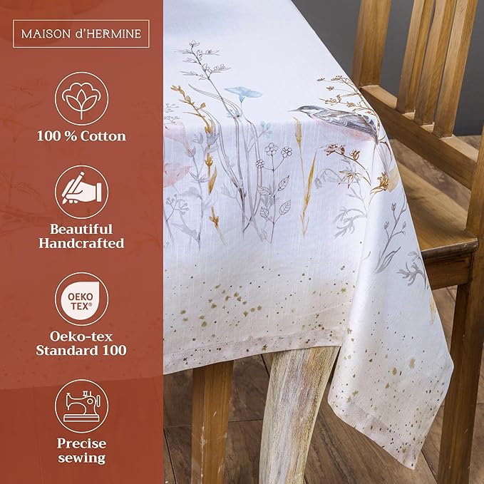 Maison d' Hermine Table Cloth Square Table 100% Cotton 54 x 54 Inches Tablecloth Reusable Decorative for Dining Room Farmhouse Home Valentines Day Decorations Spring Summer - Meadow Florals - Beige