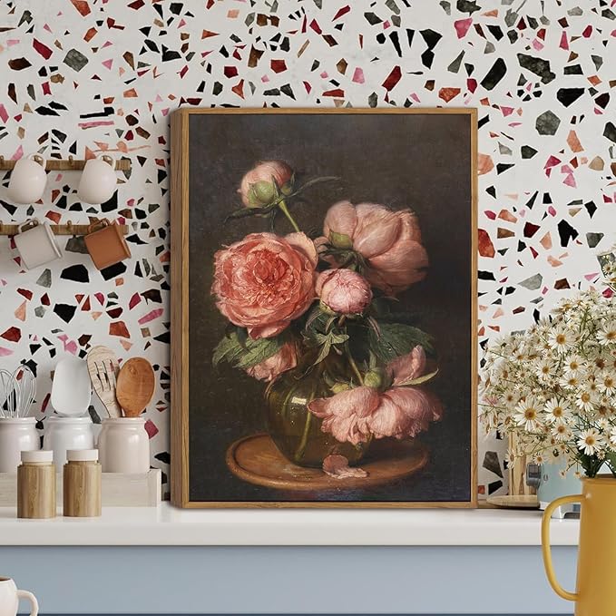 WALLZK Vintage Framed Wall Art Peony Wall Decor Pink Floral Canvas Prints Cottagecore Decor Rustic Farmhouse Pictures Artwork for Walls Living Room Bedroom Bathroom 8"x10"