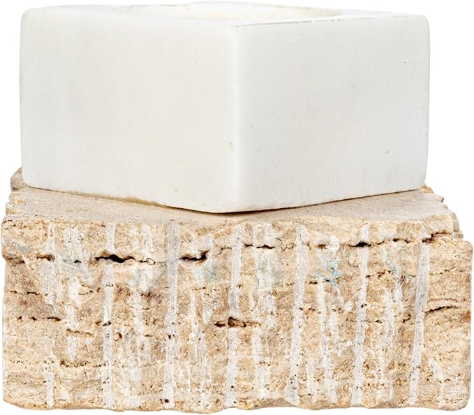 Bloomingville Decorative Marble and Travertine Candle Holder, White and Natural