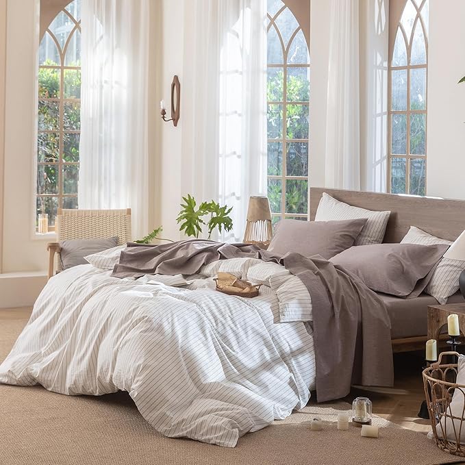 MooMee Bedding Sheet Set 100% Washed Cotton Linen Like Textured Breathable Durable Soft Comfy (Heathered Mauve Brown, Queen)