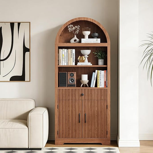 Farmhouse Arched Bookshelf, Mid-Century Modern 5-Tier Curved Cabinet with Door, Wooden Bathroom Storage Cabinet, Kitchen Pantry Cabinet for Living Room, Kitchen，Home Office, Walnut