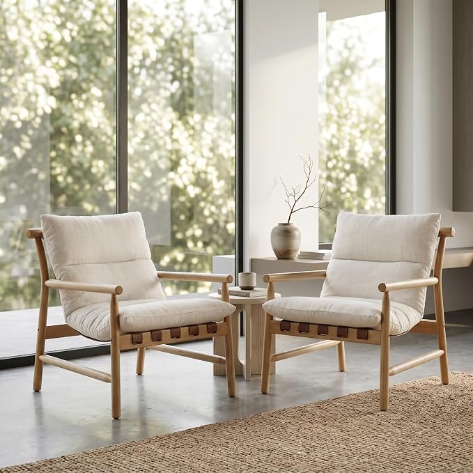 Linen Accent Chair Set of 2 Mid Century Modern Living Room Chairs Comfy Arm Chair with Solid Wood Frame Upholstered Lounge Reading Chair Cozy Recliner for Bedroom/Guest Room, Beige…