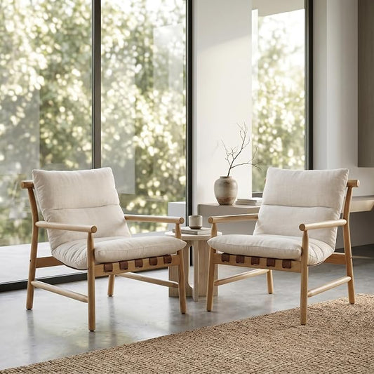 Linen Accent Chair Set of 2 Mid Century Modern Living Room Chairs Comfy Arm Chair with Solid Wood Frame Upholstered Lounge Reading Chair Cozy Recliner for Bedroom/Guest Room, Beige…