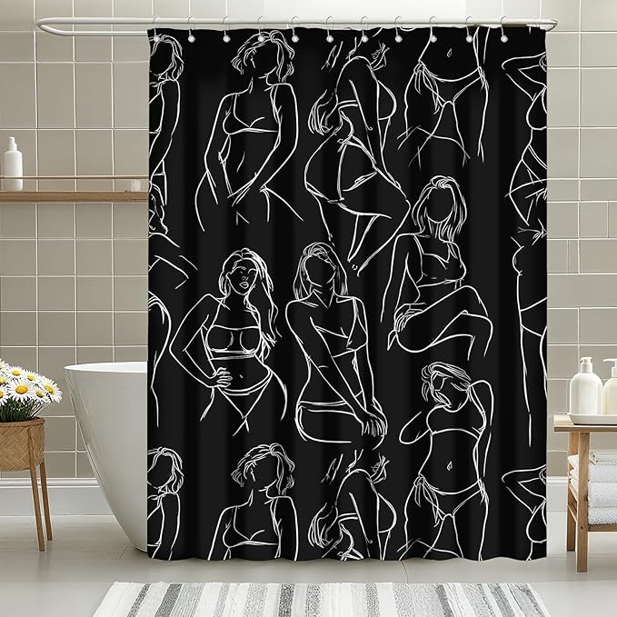 Black and White Abstract Shower Curtain Women Minimalist Line Art Shower Curtains for Bathroom Waterproof Fabric Bath Curtain Decor with Hooks