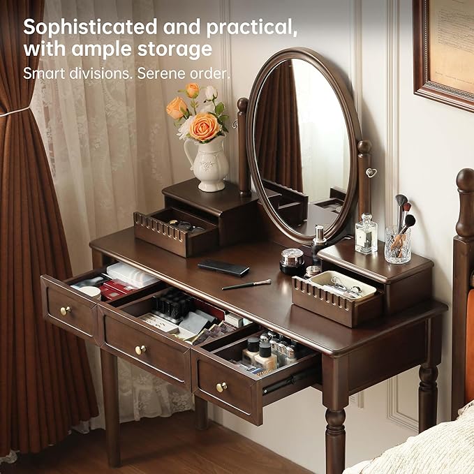 Solid Wood Vanity Desk with Mirror, Walnut Vintage Dressing Table for Bedroom, Antique Catalpa Makeup Table, 43" W x 18" D x 56" H