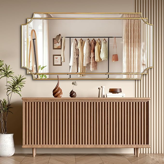 Gold Full Length Mirror for Wall, 59" x30" Wooden Framed, Polished Bevelled Rectangle Mirror, Art Decorative Mirrors for Wall Decor, Irregular Mirrors for Living Room, Bathroom, Entryway