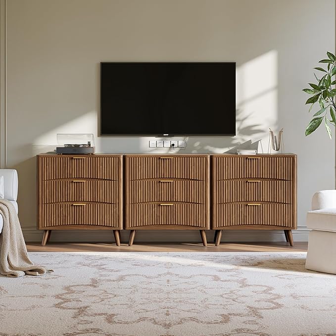 Evermagin 31.5" W Oversized Fluted Nightstand, Mid Century Modern 3 Drawer Night Stand, Small Wood Dresser for Bedroom, Large Bedside Table with Storage, Walnut