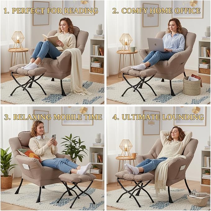 Tiita Modern Large Accent Chair with Ottoman, Comfy Leisure Sofa Armchair with Footrest, Reading Chair for Bedroom, Living Room, Dorm Rooms, Khaki
