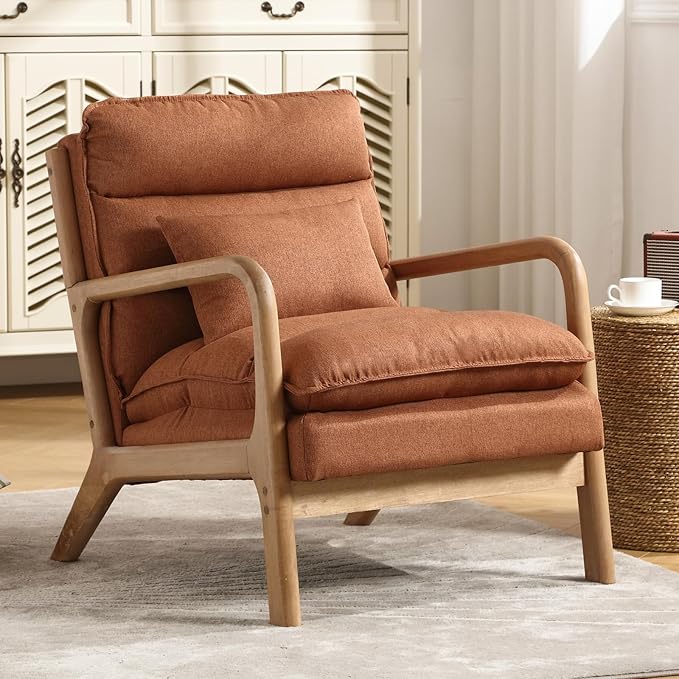 INZOY Mid Century Modern Accent Chair with Wood Frame, Upholstered Reading Armchair with Waist Cushion, Double Padded Accent Chair, Side Chair for Living Room Bedroom Office, Easy Assembly, Brown