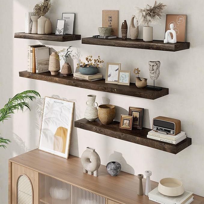 Extra Deep 40" Long Live Edge Rustic Floating Shelves for Wall, Solid Wood Wall Shelves with Invisible Bracket Mount for Living Room Bathroom Bedroom Kitchen, Set of 1, Natural