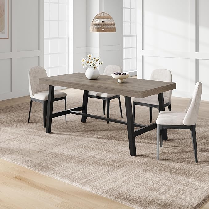 GarveeHome Industrial Dining Table for 4-6 People, 63" Long Wooden Kitchen Table with Sturdy Metal Frame & Black Finish - Seats 4 Rectangular Counter for Dinner, Kitchen, Dining Room - Grey Walnut