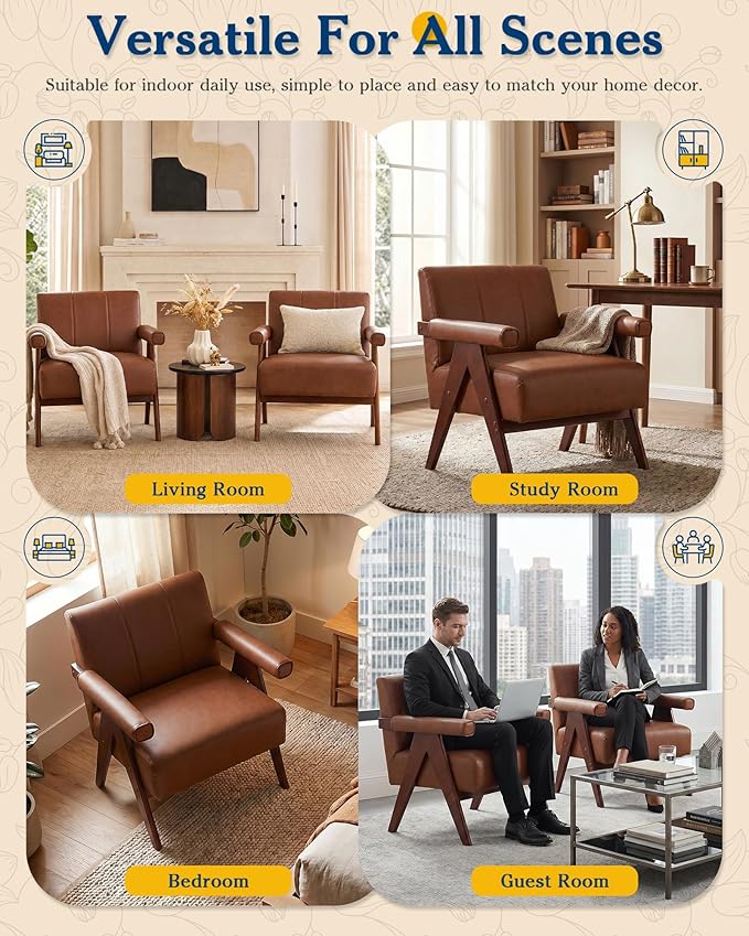 AODAILIHB Mid Century Modern Accent Chairs Set of 2, Solid Wood Frame Brown Leather Armchairs, Modern Reading & Living Room Chairs for Office Guest & Waiting Room