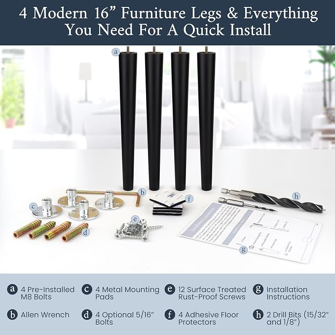 Airy Abode Premium Black Wood Furniture Legs (Full Install Kit) - Pick Your Size and Color