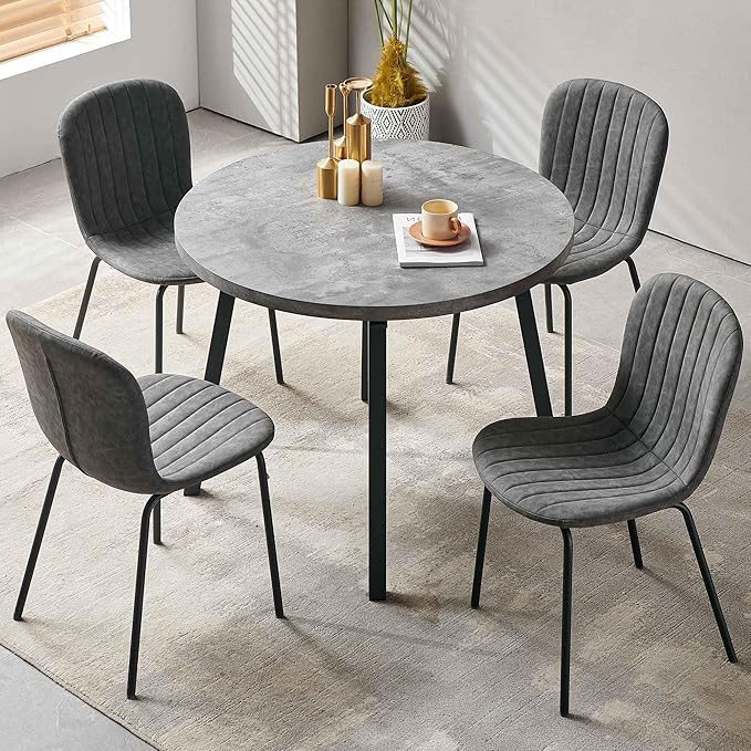 NORDICANA 4-Person Round Dining Table Set, 5 Piece 37.4 Dia Grey Kitchen Table with Dining Chairs, Dark Gray Faux Leather